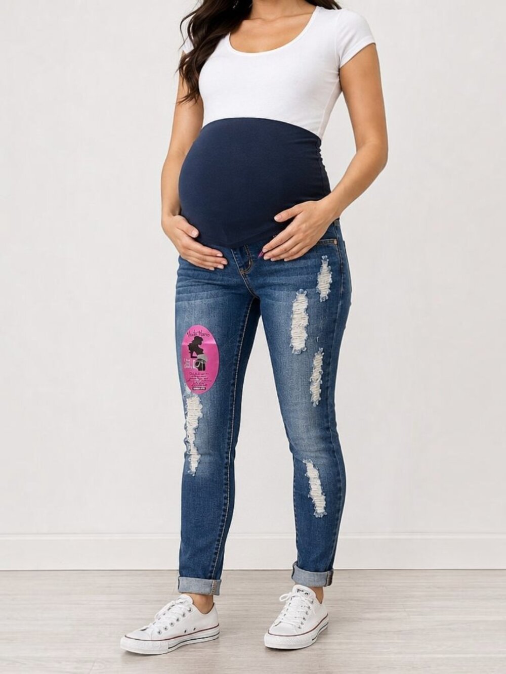 Haute Mama Distressed Maternity Skinny Jeans Over Belly M
